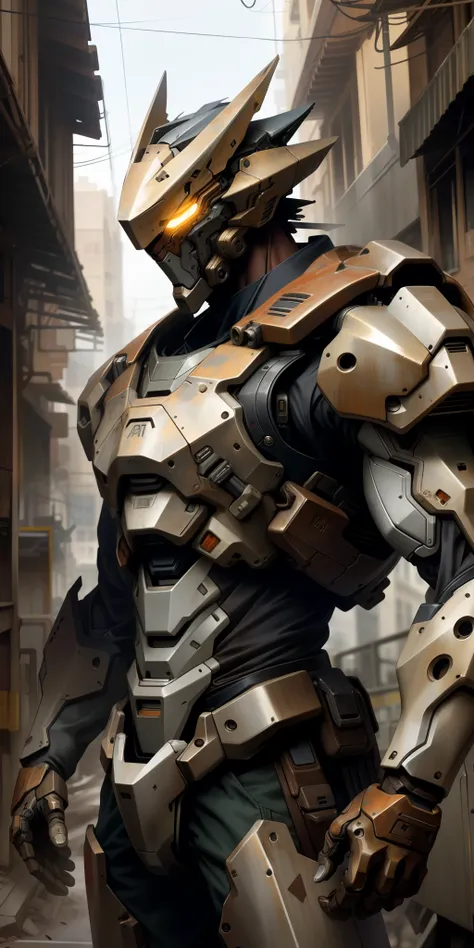 Portrait photo of an alpha male, perfect eyes, in a worn mecha suit, intricate, (steel metal [rust]), elegant, sharp focus, photo by greg rutkowski, soft lighting, vibrant colors, masterpiece, ((streets)), cowboy shot, dynamic pose,