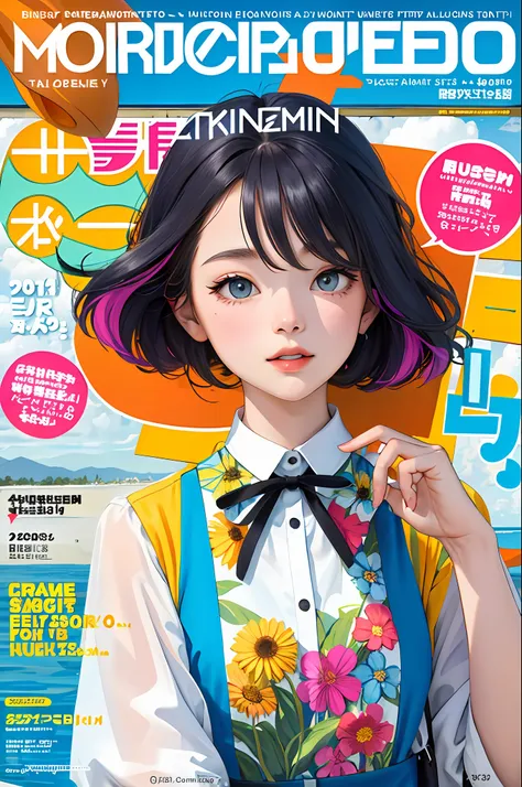 masterpiece, best quality, spring outfit, colorful hair, outdoor, magazine cover ,upper body,