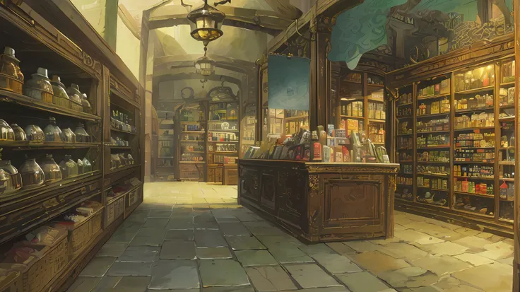 award-winning masterpiece scene concept art ((solo)), (a victorian steampunk style grocery store), victorian decoration style, f...