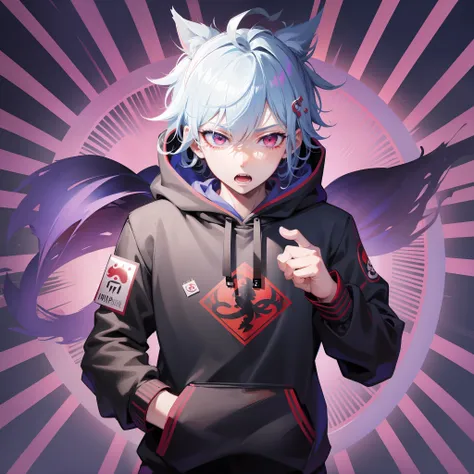 boy in hoodie, index finger to mouth, facing camera, upper body, chinese dragon sticker, key anime art, danganronpa digital art,...