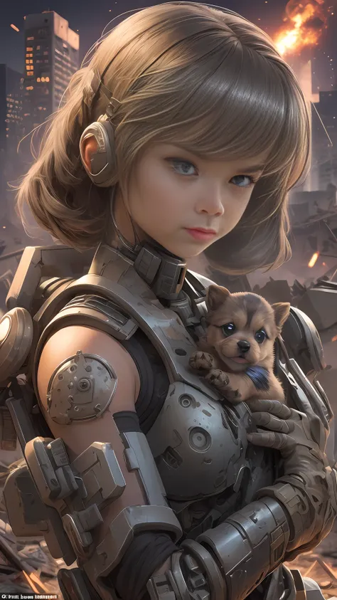 Amidst the haunting remains of a war-torn city, a solitary figure emerges. A young half-cyborg girl, her right arm gleaming with intricate metallic circuitry, navigates the rubble with grace. She clutches a tiny puppy against her chest, the soft beating of...