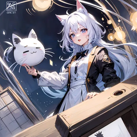 (masterpiece, top quality, best quality), create a comic page with sketch line, showing a cute white haired cat girl with differ...