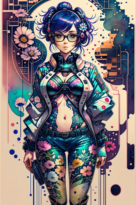 "full body, water colors, ink drawing, beautiful cyberpunk woman, wearing smart digital glasses, floral background, in the style...