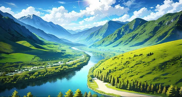 detailed background, masterpiece, top quality, landscape, mountain, river, forest, sun, day, cloud