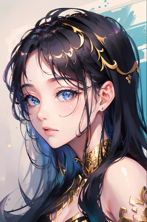 ((masterpiece, superb quality, super delicate, high resolution)), pretty girl, sparkling eyes, black gold style, flowing color i...