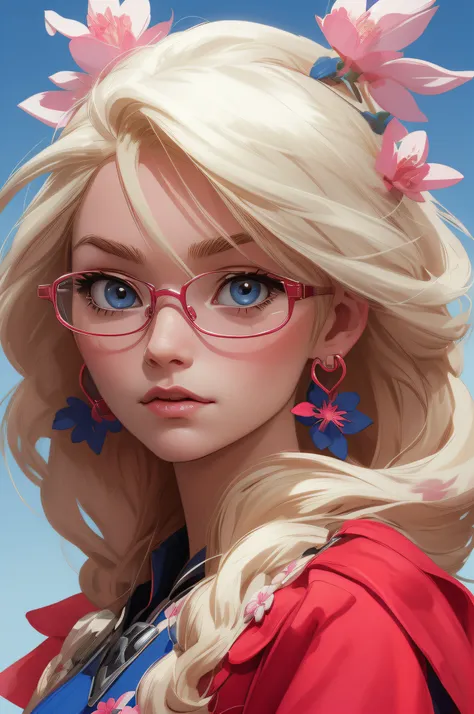 (nijiftb), a yellow hair, and long hair, and a cartoon character with glasses, wearing red armor and pink earrings, and a blue d...