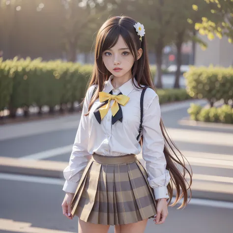 (8K, Best Quality, Masterpiece: 1.2), Realistic, Ultra High Resolution, Intricate Details, 1 Girl, Beautiful Face, JK Suit, White Shirt, Yellow Bow Tie, Yellow Skirt, Plaid Skirt, Pleated Skirt, Upper Body, Standing, Wide Angle Lens, Surreal Schoolgirl, Su...
