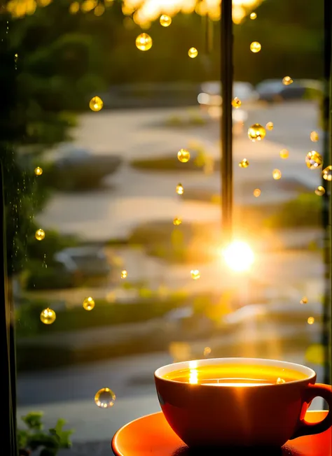 create a relaxing image, from a window with orange sunrise light, small droplets of water on the glass, lavender plants outside ...