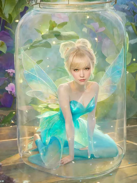 there is a woman sitting in a glass jar with a fairy on it, tinkerbell, photorealistic disney, pixie character, fairy aesthetics...