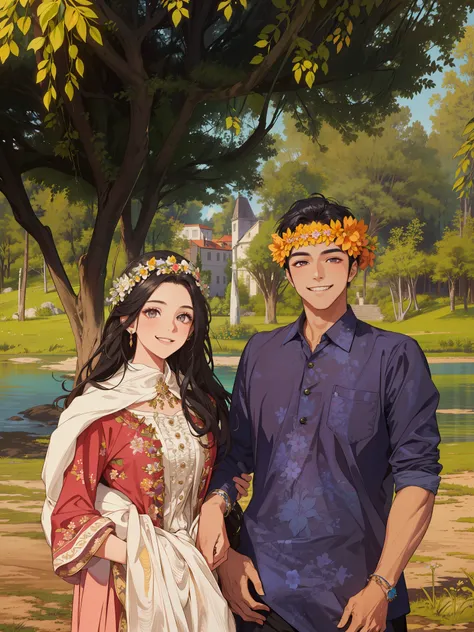 (masterpiece, best quality, highres, Sweet couple, beautiful girl, young boy, smile, couple photo, detailed eyes, dark eyes, detailed face, black hair, stylish hair, classy outfit, romantic background, flower crown, highly detailed