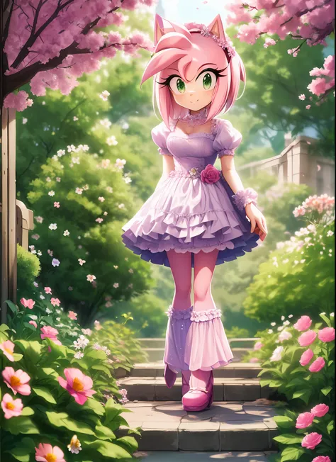 `"amy rose, full body, frilly dress dress" + "(cute:1.1),(pink:1.2),(posing in garden:1.3),(with flowers:1.2),(cartoonish:1.1),(...