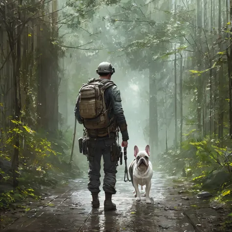 (masterpiece) highly detailed raw, a man walking a white, post-apocalyptic french bulldog dog with a backpack is walking down a ...