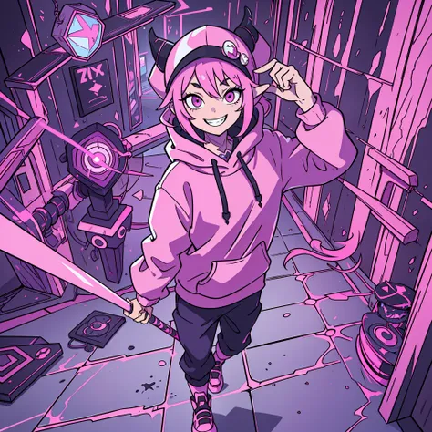 (masterpiece, superior quality, best quality) Unreal Engine 5 .1, a man with a pink hoodie with white horns, pink hat, artstyle anime, [[[Grinning evily]]]], Weirdcore voidpunk fursona, Unknown Artstyle, Bladee from Drain Gang, darksynth character portrait...