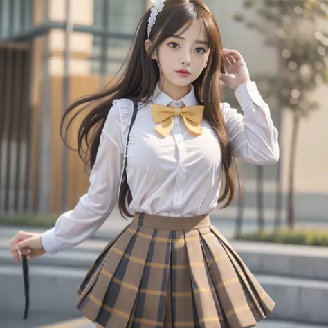 (8K, Best Quality, Masterpiece: 1.2), Realistic, Ultra High Resolution, Intricate Details, 1 Girl, Beautiful Face, JK Suit, White Shirt, Yellow Bow Tie, Yellow Skirt, Plaid Skirt, Pleated Skirt, Upper Body, Standing, Wide Angle Lens, Surreal Schoolgirl, Su...