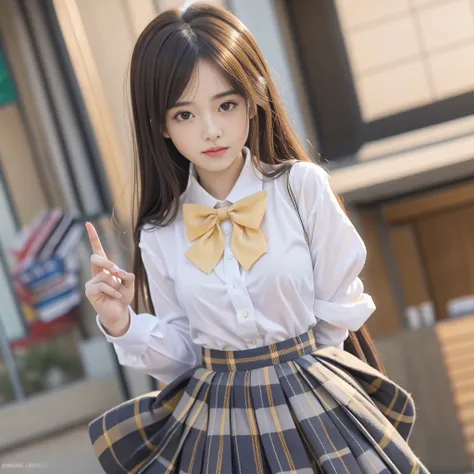 (8K, Best Quality, Masterpiece: 1.2), Realistic, Ultra High Resolution, Intricate Details, 1 Girl, Beautiful Face, JK Suit, White Shirt, Yellow Bow Tie, Yellow Skirt, Plaid Skirt, Pleated Skirt, Upper Body, Standing, Wide Angle Lens, Surreal Schoolgirl, Su...