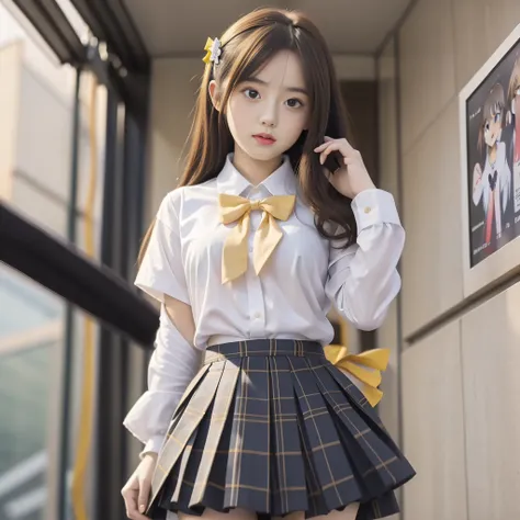 (8K, Best Quality, Masterpiece: 1.2), Realistic, Ultra High Resolution, Intricate Details, 1 Girl, Beautiful Face, JK Suit, White Shirt, Yellow Bow Tie, Yellow Skirt, Plaid Skirt, Pleated Skirt, Upper Body, Standing, Wide Angle Lens, Surreal Schoolgirl, Su...