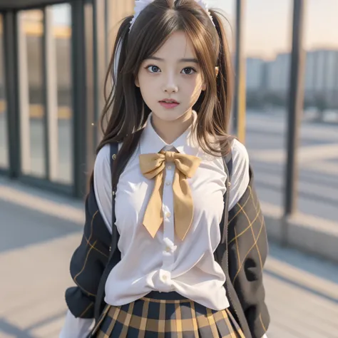 (8K, Best Quality, Masterpiece: 1.2), Realistic, Ultra High Resolution, Intricate Details, 1 Girl, Beautiful Face, JK Suit, White Shirt, Yellow Bow Tie, Yellow Skirt, Plaid Skirt, Pleated Skirt, Upper Body, Standing, Wide Angle Lens, Surreal Schoolgirl, Su...