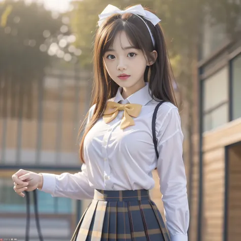 (8K, Best Quality, Masterpiece: 1.2), Realistic, Ultra High Resolution, Intricate Details, 1 Girl, Beautiful Face, JK Suit, White Shirt, Yellow Bow Tie, Yellow Skirt, Plaid Skirt, Pleated Skirt, Upper Body, Standing, Wide Angle Lens, Surreal Schoolgirl, Su...