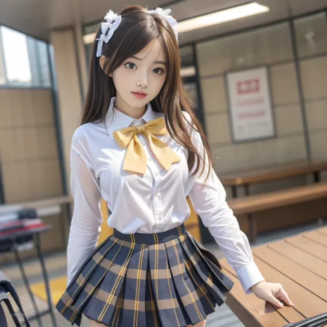 (8K, Best Quality, Masterpiece: 1.2), Realistic, Ultra High Resolution, Intricate Details, 1 Girl, Beautiful Face, JK Suit, White Shirt, Yellow Bow Tie, Yellow Skirt, Plaid Skirt, Pleated Skirt, Upper Body, Standing, Wide Angle Lens, Surreal Schoolgirl, Su...