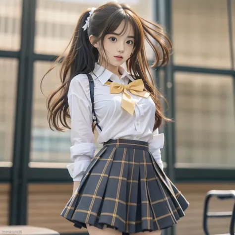 (8K, Best Quality, Masterpiece: 1.2), Realistic, Ultra High Resolution, Intricate Details, 1 Girl, Beautiful Face, JK Suit, White Shirt, Yellow Bow Tie, Yellow Skirt, Plaid Skirt, Pleated Skirt, Upper Body, Standing, Wide Angle Lens, Surreal Schoolgirl, Su...