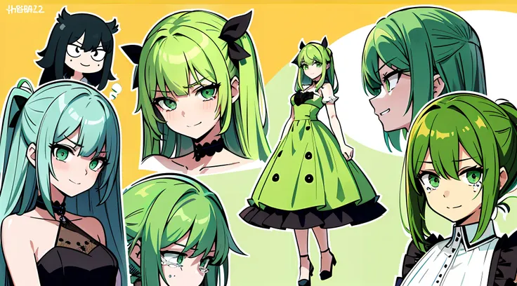 (masterpiece), highly-detailed, beautiful webtoon of girl with stunning (green hair:1.2, green eyes:1.2, green dress), same char...