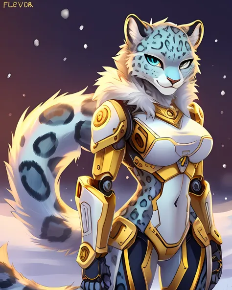 by fluffkevlar, ivorygoldai, robotic anthro female (snow leopard), solo, best quality, looking at viewer