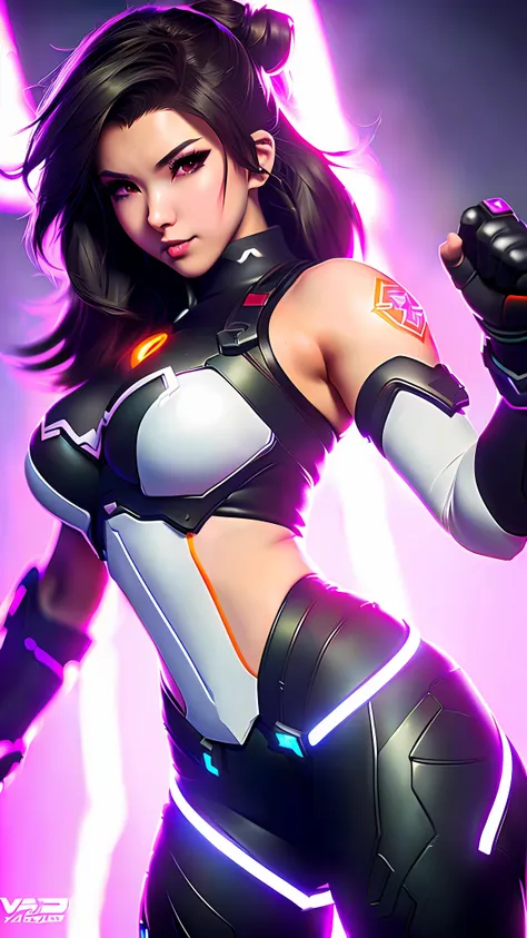 d.va from overwatch, sexy, fanart, fighting pose, amazing detail, color grading, (glowing haze)++ (soft glow)+ digital art rende...