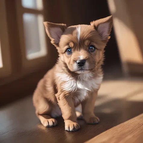 brown little puppy, (small)))), face outward, 8k, professional photo, delicate, clear, on the table, in the house, sunlight, lig...