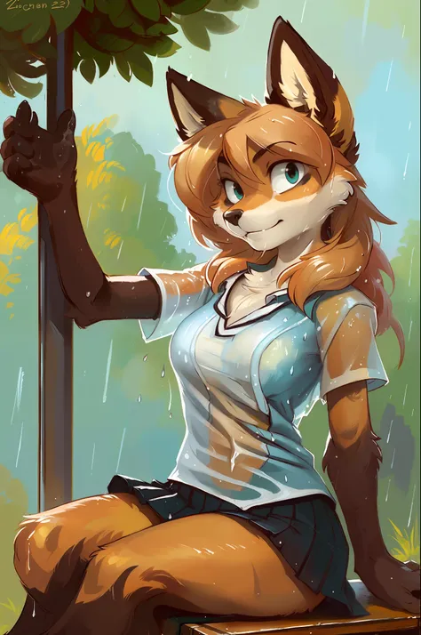 averi, fox girl, big chest, schoolyard, day, rain, raining, sexy, sensual, detailed, uploaded to e621, beautiful and detailed po...