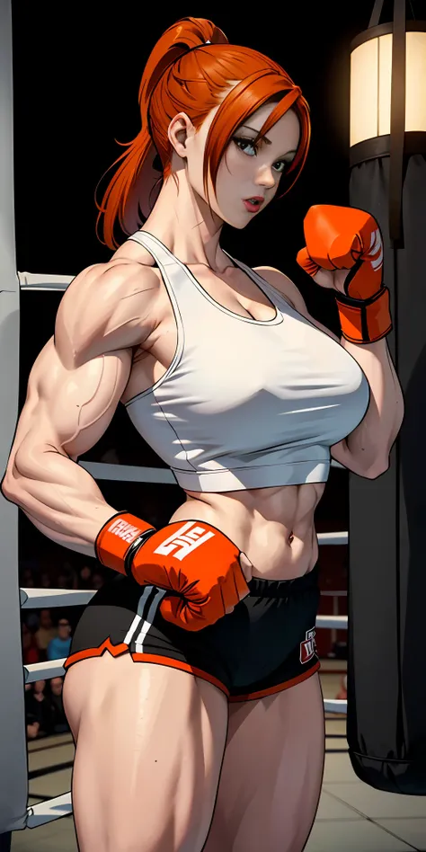 woman, redhead, adult, lipstick, provocative face, shorts up to the thigh: cfu, tank top, boxing gloves, orange hair (ponytail),...