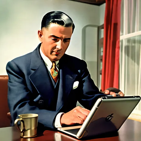 colorful photography of man from 1940 using ipad, sitting in a room, 40's