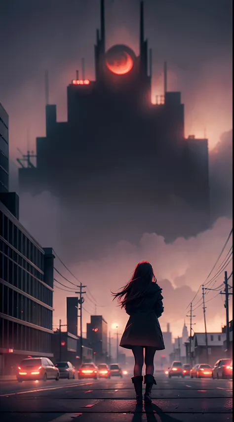 girl, long hair, black coat, standing, sideways, behind is a town plunged into darkness, blood moon, hazy background, big scene ...