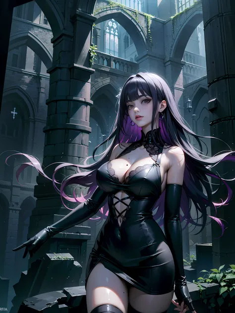 Black lace dress, Black stockings, Black lace gloves, big boob, Underwater church, Building ruins, soaked, Shiny skin, fog, Moisture skin, purple hair, blunt bangs, very long hair, mole under mouth, mole under eye, red eyes, earrings, makeup, blush, toroga...
