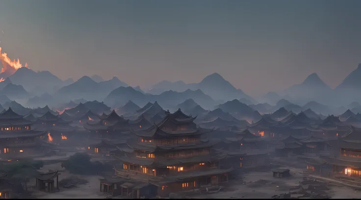 (CG footage with extreme detail, Chinese village, ruins fire and regret, crystal clear, moving shot, ruins, fire, gunsmoke, broken ruins, smoke, looking up at the camera,