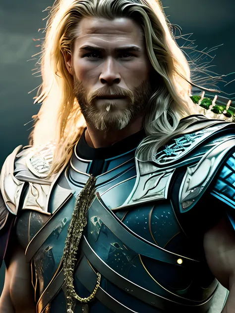 a photorealistic portrait of chris hemsworth with long white hair, as poseidon god of the seas, wearing a chain around his neck ...