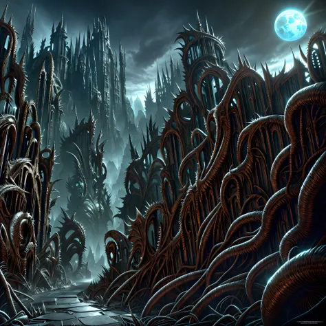 horror art landscape, intricated biomechanical creatures, monuments of evil creatures, dark valley, biomorphic beings from the 4th dimension, spiked walls, madness, artstation, uhd, unreal engine, line art drawing style.