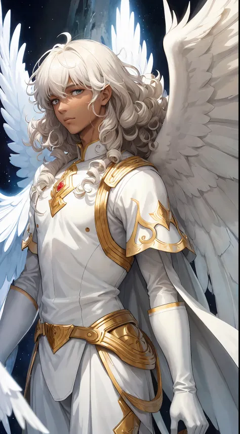 "((1 man):1.2) + white clothes + white armor + multiple + large wings + fairy + angel + curly hair + [dark skin: 0.9]" → "a man ...