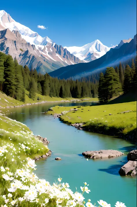mountains and a river in the foreground with white flowers in the foreground, majestic nature scenery, very beautiful scenery, very very beautiful scenery, very very very beautiful scenery, mountains and rivers, rocky mountains and a river, breathtaking sc...
