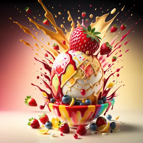 (explosion:0.6) of fruits and vanilla ice-cream, high detail, very realistic, bright environment, strawberry sauce