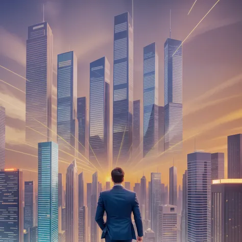 Part 3 Cover: "Investing Toward Wealth"
The cover features a scene of an urban skyline with skyscrapers and bright lights. In the center, a business person with a briefcase, symbolizing the investor in search of opportunities. All around, stock charts and ...
