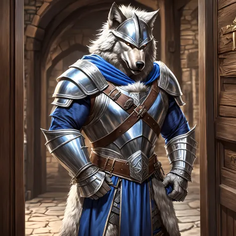 young muscular tall man, wide, wearing a medieval armor with wolf helmet, wolf shoulder pads, silver breastplate and a furry blu...