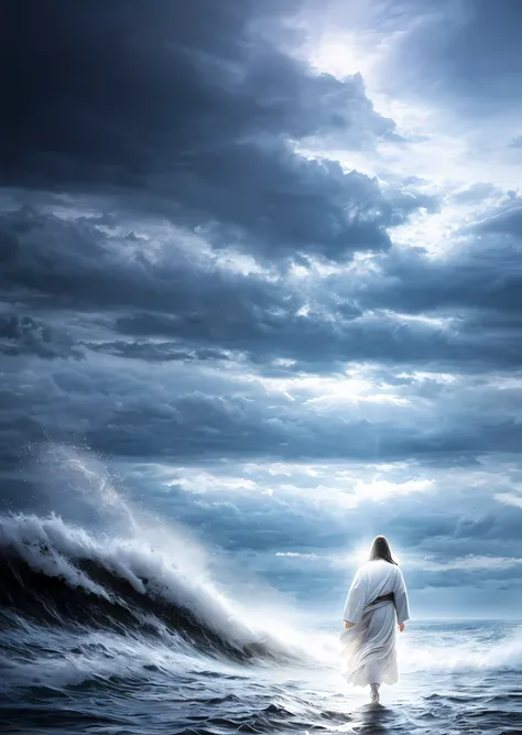 Jesus walking on water in a storm, gentle expression, streaks of light coming down from the sky, masterpiece, highest quality, high quality, highly detailed CG unit 8k wallpaper, award-winning photos, bokeh, depth of field, HDR, bloom, chromatic aberration...