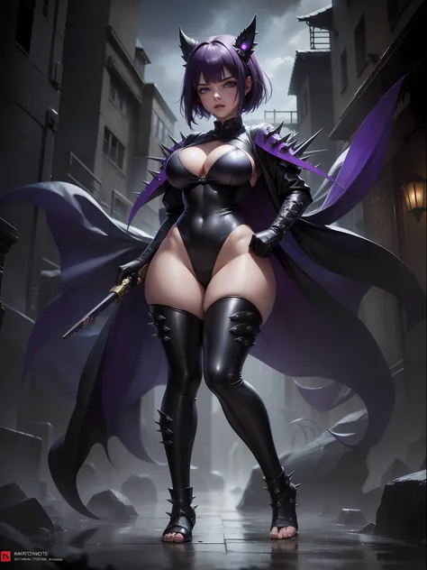 (full body photo, standing, feet on the ground), Sara has large breasts, (black with golden parts/ninja costume/mini capus on the head/extremely tight on the body/ninja mask on the face, ninja emblem on the breast), tattoos on the body, blood on the clothi...