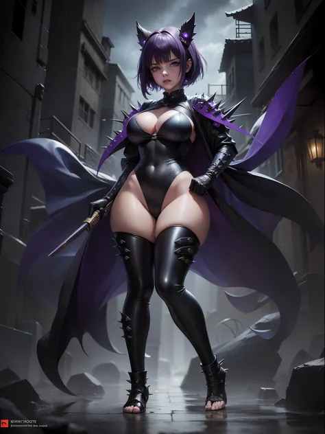 (full body photo, standing, feet on the ground), Sara has large breasts, (black with golden parts/ninja costume/mini capus on the head/extremely tight on the body/ninja mask on the face, ninja emblem on the breast), tattoos on the body, blood on the clothi...