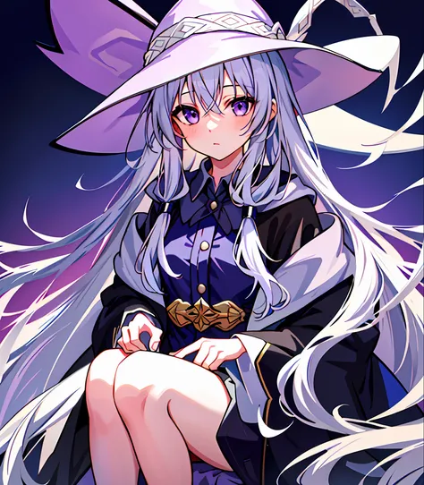 masterpiece, best quality, 1girl, elaina_(majo_no_tabitabi), silver hair, purple eyes, long hair, hat