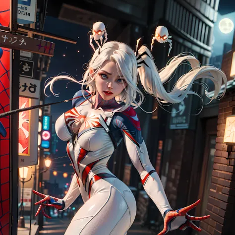 (Masterpiece, 4k resolution, ultra-realistic, very detailed), highly detailed RAW color Photo, ((full shot)), (White superhero theme, charismatic, theres a beautiful girl on top of town, (((wearing skintight white (Spider-Man costume)))), shes a superhero)...