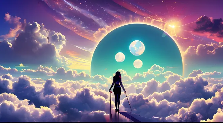 heaven if it were a beautiful landscape with the moon and the sun and girl, cyberpunk, volumetric, neon, clouds, bright lights, ...