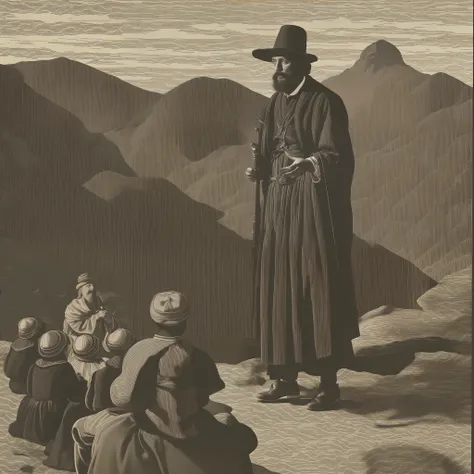 The sage of the Andes giving a speech to a small crowd, art in ink shades of gray cinema style