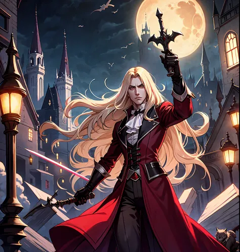 alucard Castlevania Netflix, fighting posture with a sword, night, castle,