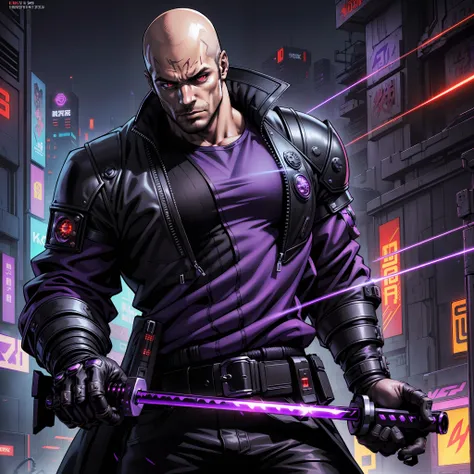 "(urban samurai), ((( black and purple cyberpunk jacket:1))), (full trunk), (((intricate cyberpunk jacket details)), full torso shot, (male:2.0), cold lighting, dark theme :: focus on closeup face, serious face, :: Henry Cavills face, ((bald)), :: round ir...